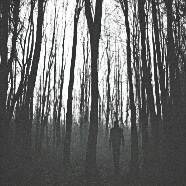 Image similar to a creepy and slender shadowy figure with long limbs in the dark woods at night, 35 mm, film shot