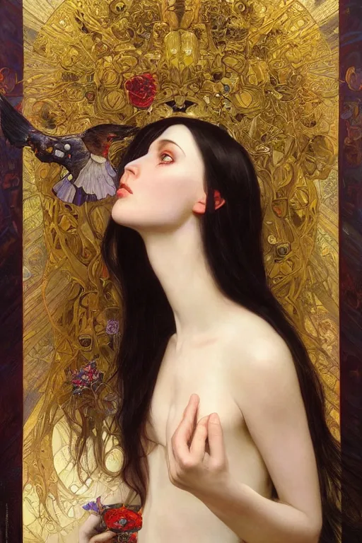 Image similar to masterpiece painting of ephemeral vampire raven haired girl by donato giancola, darius zawadzki and tom bagshaw, face by artgerm and edmund leighton, alphonse mucha, background by james jean and gustav klimt, 8 k, horror, dark color palette, volumetric lighting, porcelain skin, french nouveau, trending on pixiv