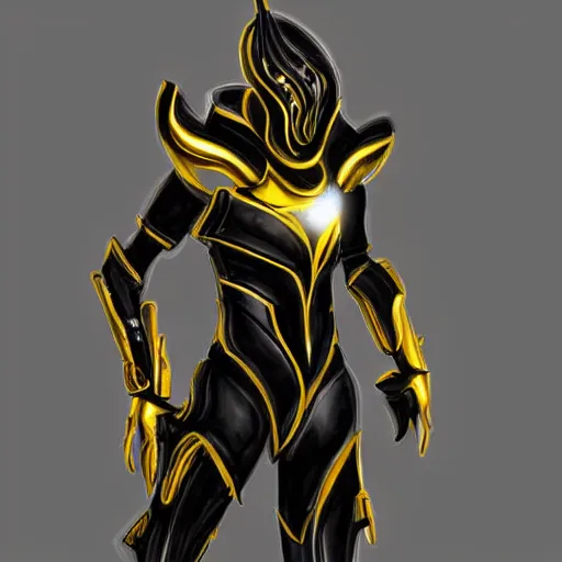 Image similar to black and gold warframe armor cinematic detailed photorealistic digital artwork digital painting