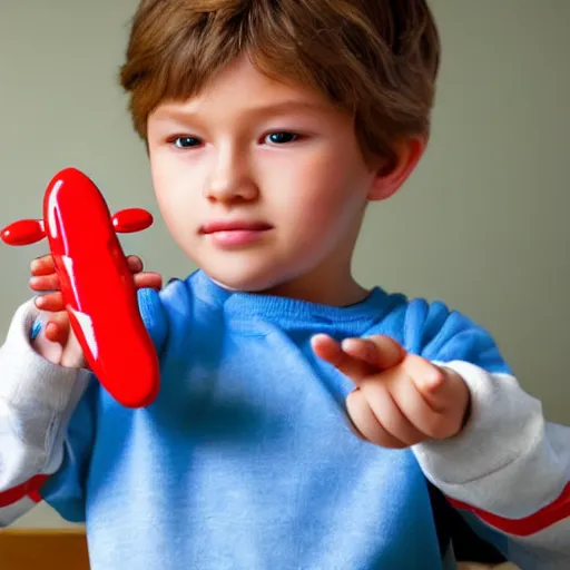 Image similar to boy holding airplane toy in his hand. hands, face, fingers. detailed, realistic, photorealistic.