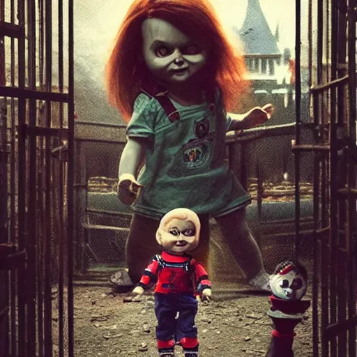 Image similar to the doll chucky in the middle of a cage fighting with doll annabelle, epic mma fight, dramatic poses, dolls are in motion, disneyland as backdrop, oil painting, by greg rutkowski