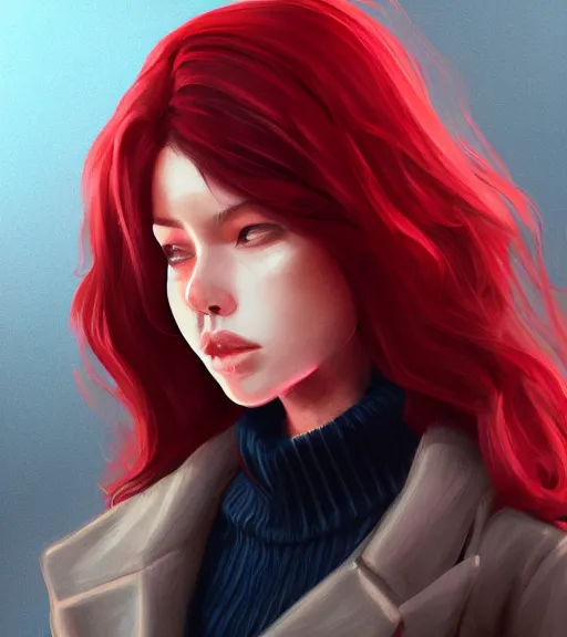 Prompt: a woman wearing a wide jacket, full body shot, red hair, highly detailed, digital painting, artstation, concept art, smooth, sharp focus, illustration