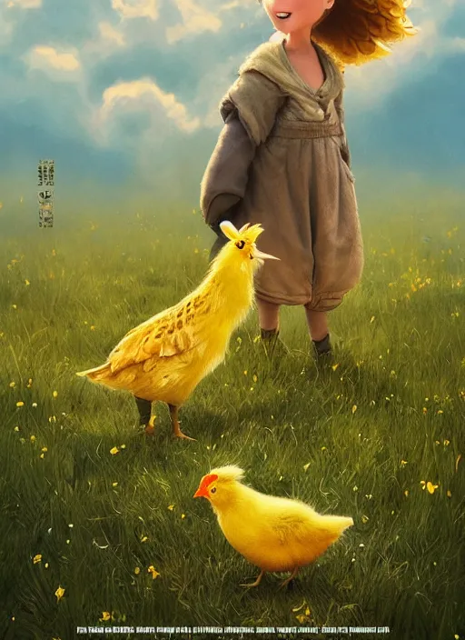 Image similar to a hen and her two cute small yellow chicks on a meadow, mama movie poster by nuri iyem, james gurney, james jean, greg rutkowski, anato finnstark. pixar. hyper detailed, 5 0 mm, award winning photography, perfect faces