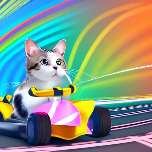 Image similar to digital illustration of a cat with wind blowing through his jacket, driving a kart through rainbow road, 4K