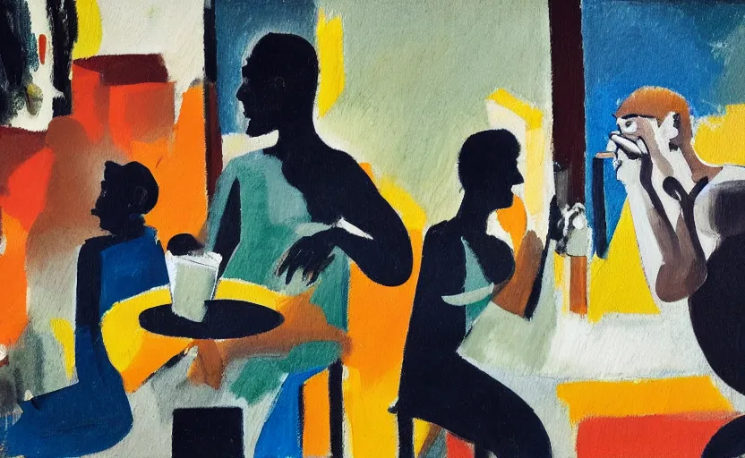 Prompt: oil painting in the style of john craxton. sailors talking in the shadows of jazz club. crete. cheekbones. looking. strong expressions on faces. smoke. holding cigarettes. playing cards. scratch. strong lighting. brush. single flower. in the style of ivon hitchins. seated figure hands on table. line drawing. high detail.