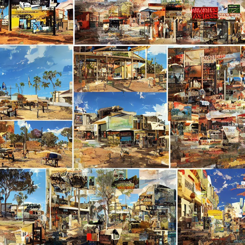 Prompt: collage of a small town in the outback, concept art, aesthetically pleasing natural colors, art by mimmo rotella, collage