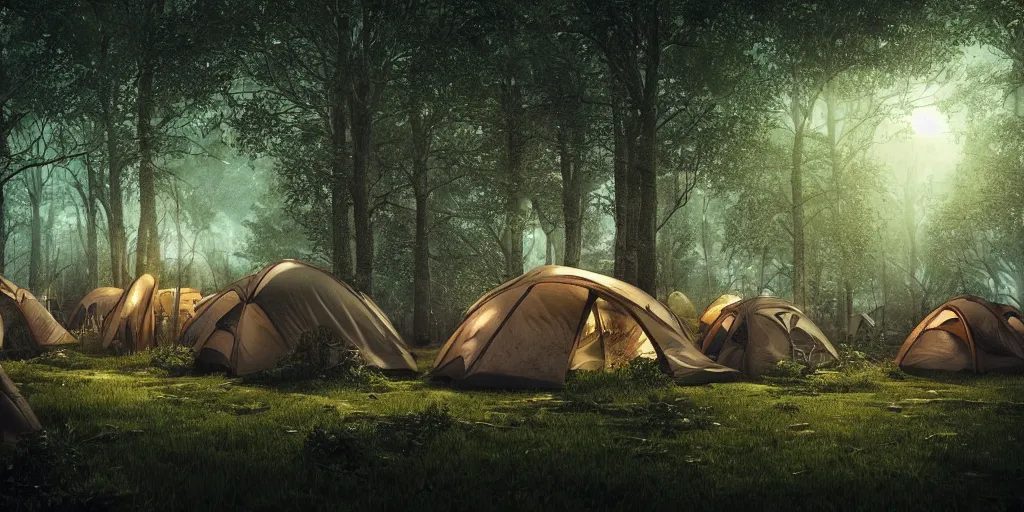 Image similar to a forest with several tents. dusk. lunarpunk. dark. gothic. wiccan. pagan. ecopunk. 8K. detailed. photorealism. trending in artstation. ultra realistic