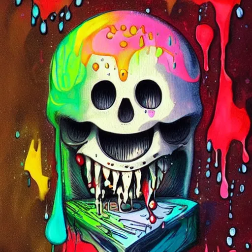 Prompt: drippy, dripping paint, skull, trippy, Miyazaki style, studio ghibli, exaggerated accents