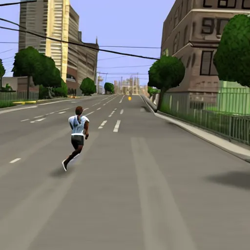 Prompt: Carl Johnson running down a street, Grand Theft Auto San Andreas