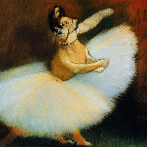 Image similar to a cream-colored Havanese dog performing ballet, by Edgar Degas