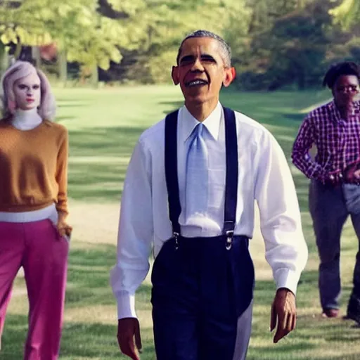 Image similar to riverdale still of obama wearing suspenders, an off white sweater with a varsity letter r, and a propeller cap