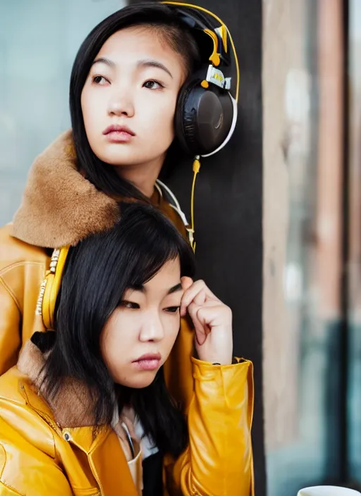 Image similar to young adult asian woman in a coffee shop wearing bright yellow headphones and a leather jacket looking unamused, natural light, magazine photo, 5 0 mm