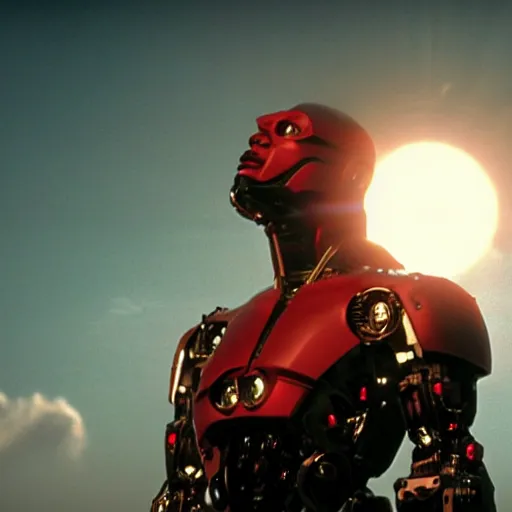 Prompt: movie still of cyborg looking at the sun, cinematic composition, cinematic light, criterion collection, by edgar wright