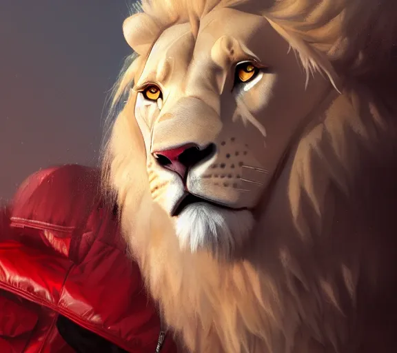 Image similar to commission portrait of a male anthro albino lion wearing a red-black puffer jacket.dramatic,character design by charles bowater,greg rutkowski,ross tran,hyperdetailed,hyperrealistic,4k,deviantart,artstation,professional photography,concept art