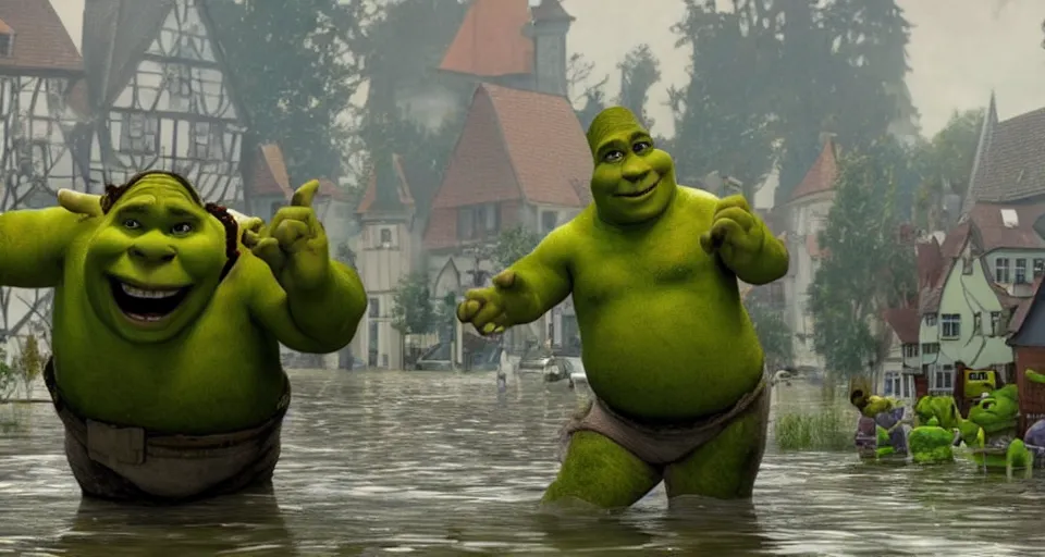 Prompt: Shrek saving a small german town that is being flooded, movie screenshot, dramatic scene