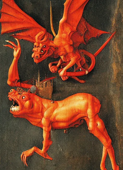 Image similar to red devil Gargoyle, Medieval painting by Jan van Eyck, Hieronymus Bosch, Florence