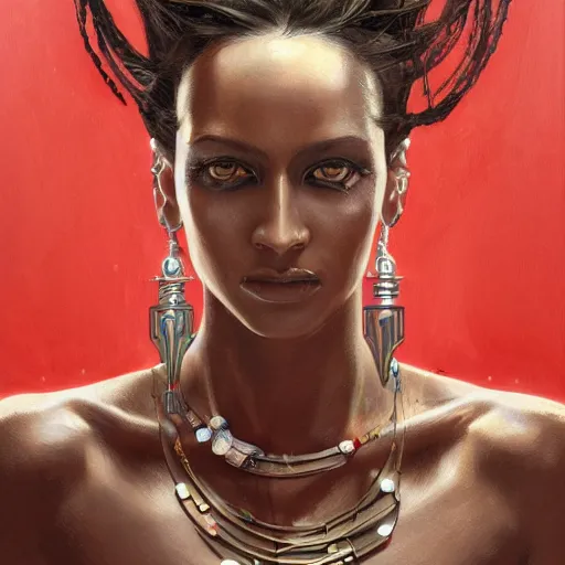 Image similar to detailed oil portrait of tall muscular shining bronze - skinned warrior woman with silver eyes, with long wavy flowing black hair and big gold earrings, jewelry, red lipstick, makeup, feminine, volumetric lighting, dynamic composition, art by sachin teng and sergey kolesov and ruan jia and heng z, scifi, concept art