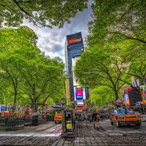 Image similar to Ruins of Times Square covered in foliage, plants, trees, flowers, water, award winning photography, HDR