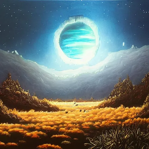 Prompt: large landscapes from another world, dark - blue themed, beautiful painting, very detailed fauna and flora, enhance lighting, many moons are visible in the sky