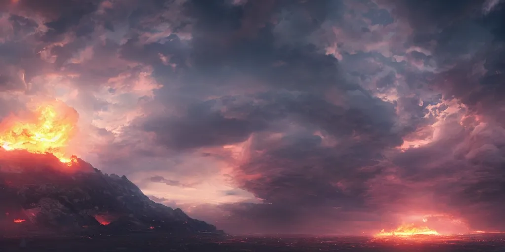 Prompt: Fire clouds, cinematic shot, epic, volumetric lighting, made by Stanley Artgerm Lau, WLOP, Rossdraws, ArtStation, CGSociety, concept art, cgsociety, octane render, trending on artstation, artstationHD, artstationHQ, unreal engine, 4k, 8k,