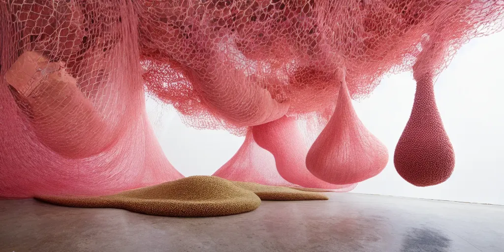 Image similar to soft biomorphic tactile structures out of stocking - like material and nets that fills with various objects like spices, sand and rocks by ernesto neto, light - mint with light - pink color