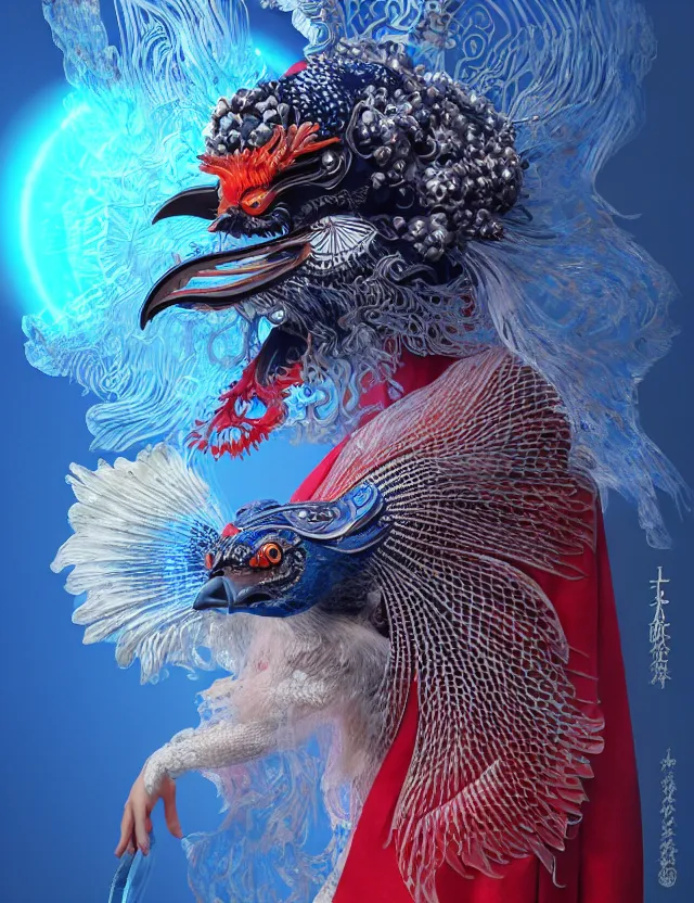 Image similar to 3 d shaman portrait. beautiful intricately detailed japanese crow kitsune mask and clasical japanese kimono. betta fish, jellyfish phoenix, bio luminescent, plasma, ice, water, wind, creature, artwork by tooth wu and wlop and beeple and greg rutkowski