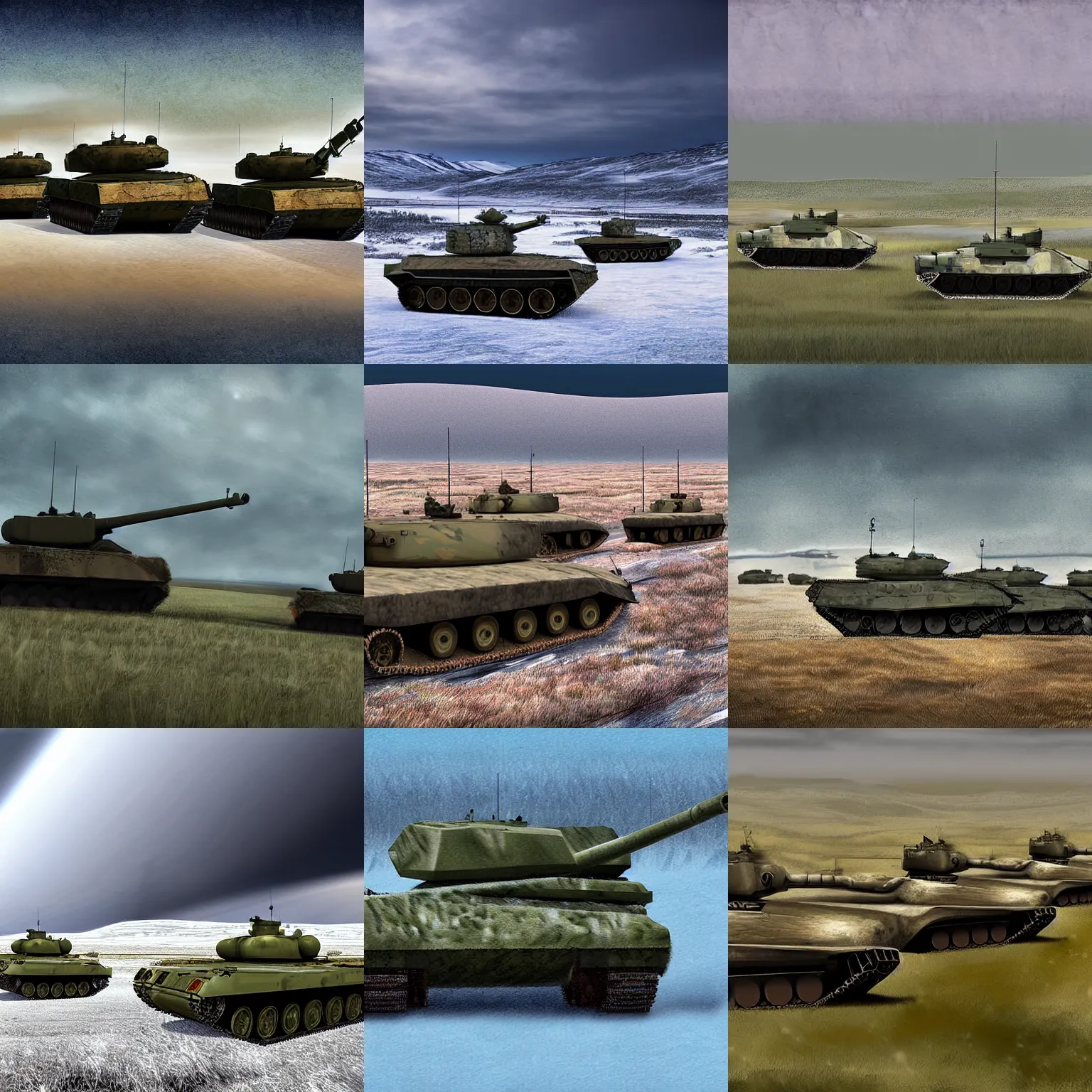 Prompt: digital art of army tanks roaming across a tundra