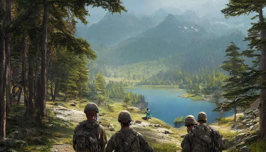 Prompt: back view of soldiers watching lake from the mountains, sunny day, forest, hyperdetailed, artstation, cgsociety, 8 k