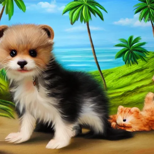 Image similar to cute fluffy hybrid animal cross between baby sea otter, kitten, and yorkshire terrier puppy sitting on a tropical beach landscape detailed painting 4 k