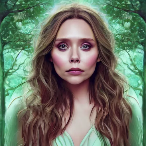 Image similar to Elizabeth Olsen as a nymph, mystical forest, digital art