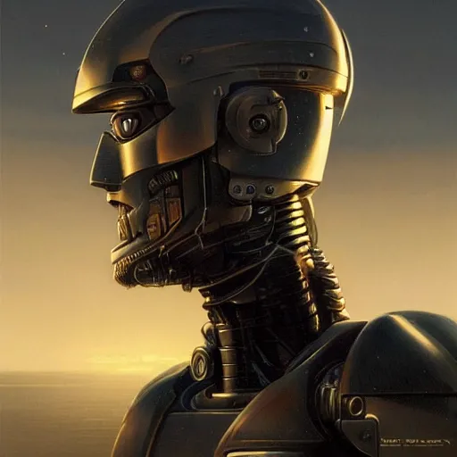 Image similar to portrait of robocop, sunset, gorgeous view, depth, painted by seb mckinnon, high detail, digital art, painted by greg rutkowski, trending on artstation