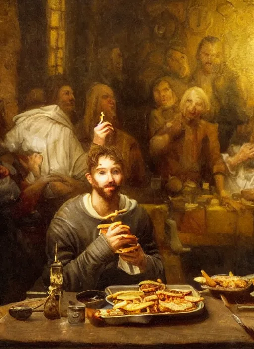 Prompt: young man eating a hamburger in the center of a dark medieval dinning room, surrounded by starving people in front of a giant painting, extremely realistic and highly detailed painting by gaston bussiere, soft light, gold ratio