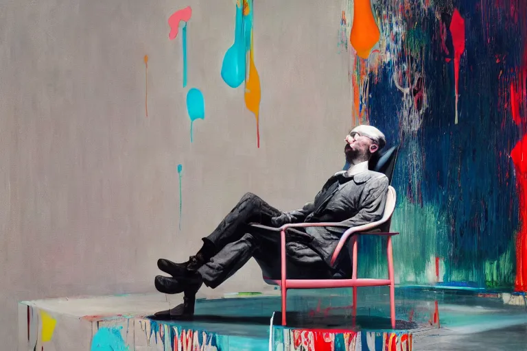 Prompt: portrait of a confused man sitting in a chair contemplating, art by james jean and luc tuymans and vincent lefevre and hernan bas and pat steir and hilma af klint, psychological, dripping paint, high quality render, cg society contest winner, retrofuturism, masterpiece