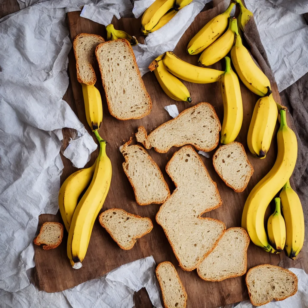 Image similar to bananas and bread bundled together with a paper banderole