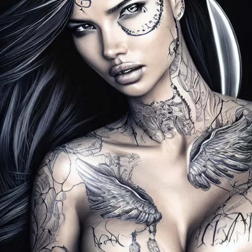 Image similar to photorealistic beautiful Adriana Lima whole body heavily covered in elfish tattoos as a warrior angel , extremely detailed face, hair, skin and hands, intricate tattoos, digital art, wallhaven.cc wallpaper!, concept art, smooth, sharp focus, high fantasy illustration, art by Artgerm, Alina Ivanchenko and Rob Ross