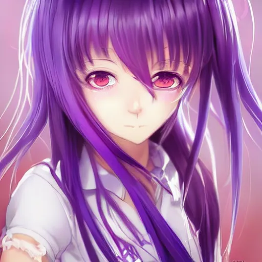 Image similar to 3D advanced digital art, a very cute anime girl wearing a high school outfit+ full body, very long violet hair, purple eye, eyepatch on right eye, full round face :: cinematic lighting, mid-shot, highly intricately detailed, trending on pixiv :: Steven Artgerm Lau, WLOP, RossDraws, RuanJia, James Jean, Andrei Riabovitchev, Totorrl, Marc Simonetti, Visual Key, and Sakimichan