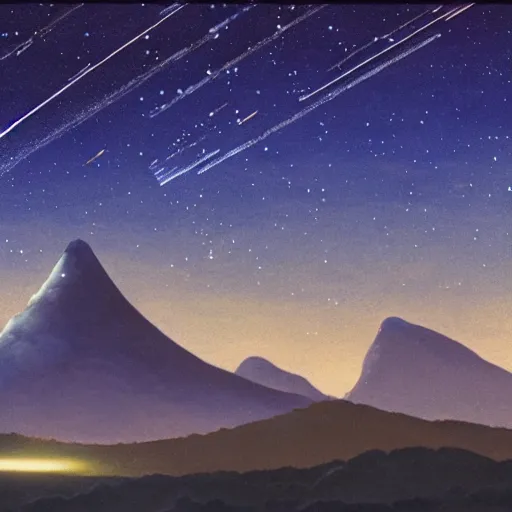 Image similar to a mountain with a star trail in the sky, a detailed matte painting by studio ghibli, cg society, symbolism, toonami, matte painting, reimagined by industrial light and magic