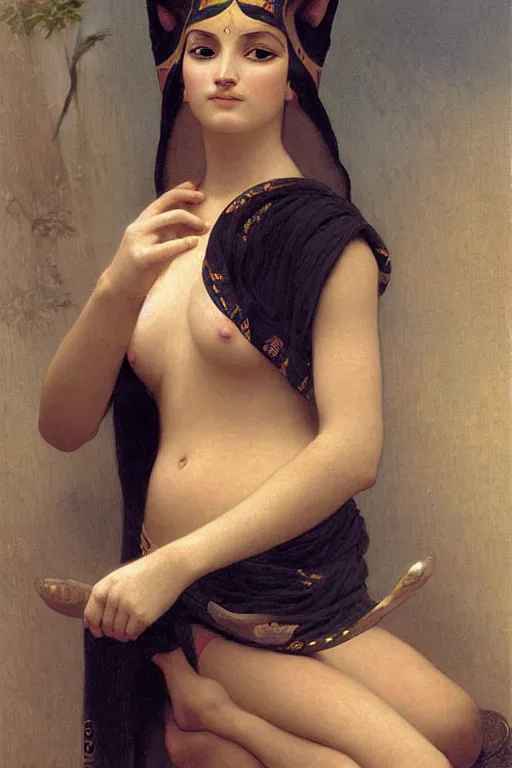 Image similar to bastet, egyptian cat goddess, painting by william adolphe bouguereau