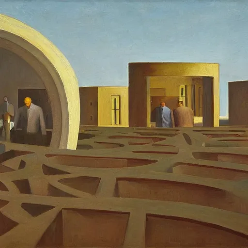 Image similar to first person view of a stark concrete maze, people peering into portholes, grant wood, pj crook, edward hopper, oil on canvas