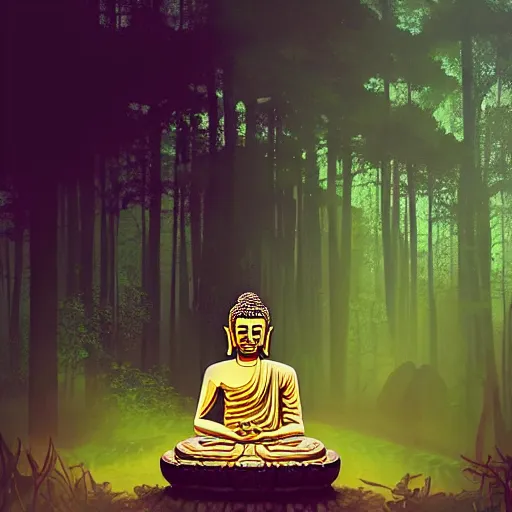 Image similar to a buddha statue sitting in the middle of a forest, cyberpunk art by Alena Aenami, trending on cgsociety, metaphysical painting, tesseract, mystical ::