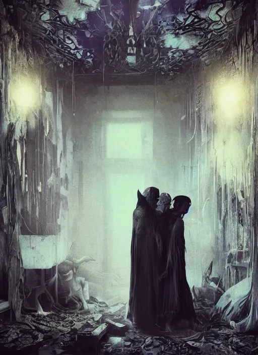 Prompt: two dark figures laughing inside a decayed Romanian motel room, by Ayami Kojima, Karol Bak, Greg Hildebrandt, Neo-Gothic, gothic, rich deep colors. intricate artwork by Tooth Wu and wlop and beeple, greg rutkowski, very coherent symmetrical artwork, cinematic, hyper realism, octane render, unreal engine, 8k, Vibrant colors, in the style of Adrian ghenie and Francis bacon, part by Gerhard Richter, part Edward Hopper and part Petra cortright, highly detailed, very coherent, gothic horror, rich colours