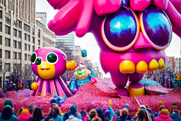 Prompt: photo of giant cute elaborate parade float character designed by ( ( ( ( ( ( ( ( rutowski ) ) ) ) ) ) ) ) and beeple!!!!!!!!!!!!!!, in the macys parade, detailed 4 k photo,