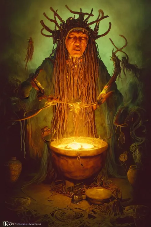 Prompt: a centered render of a wise and mystical tribal shaman brewing a cauldron that summons the souls of ancestors past, cinematic, beautifully lit, by brian froud, by karol bak, by donato giancola, 3 d, trending on artstation, octane render, 8 k