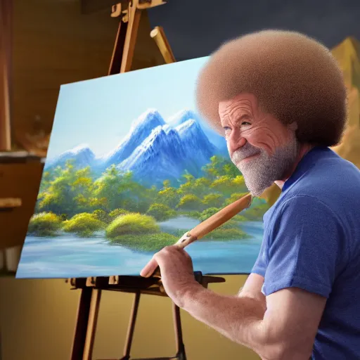 Prompt: a closeup photorealistic photograph of bob ross working on a canvas painting sonic the hedgehog. film still. brightly lit scene. mountains and trees. this 4 k hd image is trending on artstation, featured on behance, well - rendered, extra crisp, features intricate detail, epic composition and the style of unreal engine.