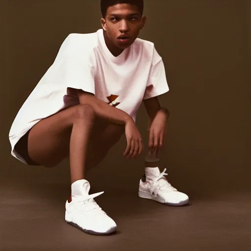 Image similar to !dream realistic photoshoot for a new adidas lookbook, color film photography, portrait of a beautiful person, in style of Tyler Mitchell, 35mm, graflex