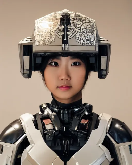Prompt: centered medium shot fine studio photograph of a beautiful asian girl wearing only a mecha electronic samurai helmet with led lights, ultra-realistic, white background, 8k HDR sunset lit, intricate