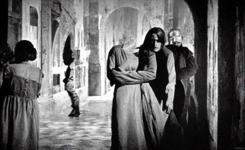 Image similar to haunting in Venice, still from an old surrealist black and white movie directed by Jan Svankmajer, Béla Tarr, Ingrid Bergman and Robert Wiene. Dark background, dramatic lighting, detailed, cinematic