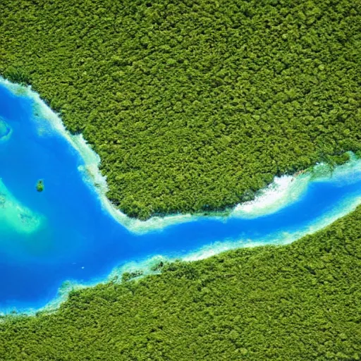 Prompt: satellite view of a large island covered in many lush, green, trees, with a few mountains, surrounded by beach fronts and shallow blue water, award winning satellite photography