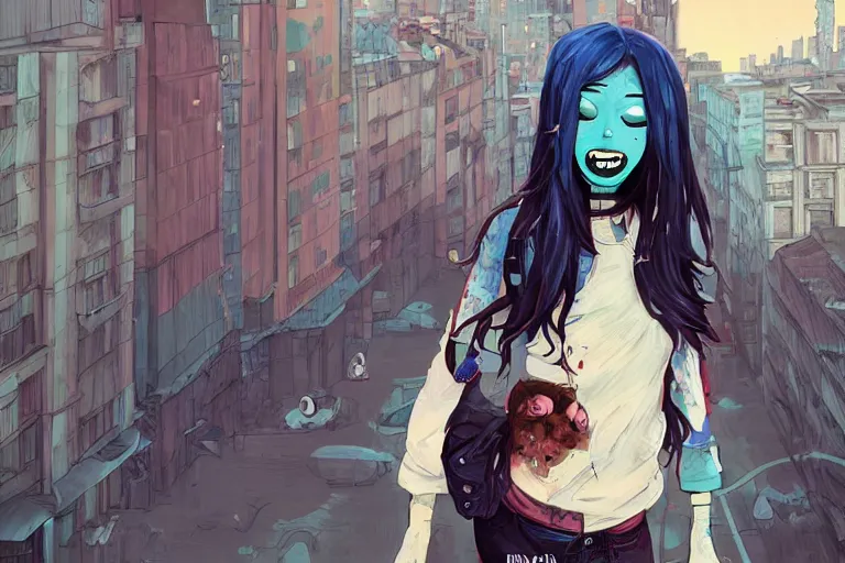 Image similar to urban school zombie girl in tattered clothes with a city street of Buenos aires in the background, dark blue long hair, muted colors, matte print, pastel colors, ornate, digital art, cute smile, digital painting, fan art, elegant, pixiv, by Ilya Kuvshinov, by Studio Ghibli