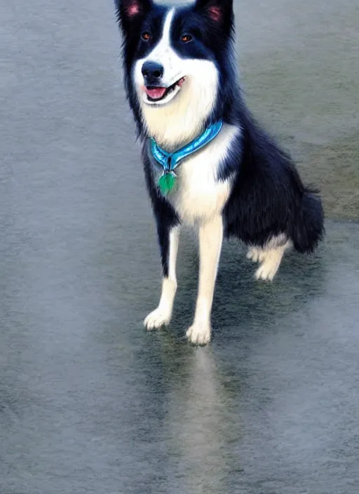 Image similar to full body portrait of a cute male anthropomorphic border collie fursona wearing a blue dog collar and standing in the rain, beautiful, model pose, realistic proportions, highly detailed, scenic background, trending on artstation, art by charlie bowater and henry asencio and and ross tran